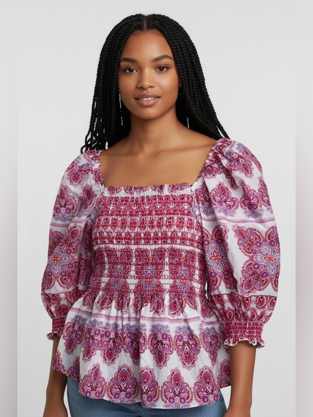 Hale Bob Los Angeles Paisley Smocked Puff Sleeve Peplum Top M NWT